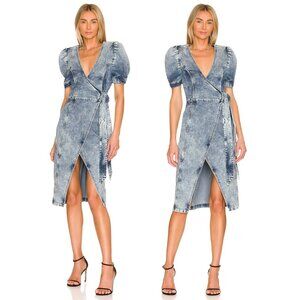Retrofête Zelda Wrap Dress Distressed Denim In Sienna Puffed Sleeve Front Slit